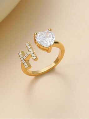 Gold Plated Open Ring with Heart CZ and Initial “G” Accent